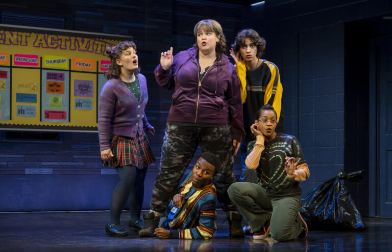 1049r - (l to r)_ Nina White, Bonnie Milligan, Fernell Hogan, Michael Iskander, and Olivia Hardy in the Original Broadway Company of KIMBERLY AKIMBO, photo by Joan Marcus