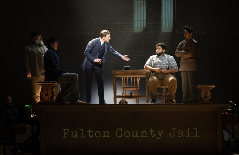 0088 - Jason Simon, Ben Cherington, Andrew Samonsky, Robert Knight and Ethan Riordan in the National Tour of PARADE, photo by Joan Marcus